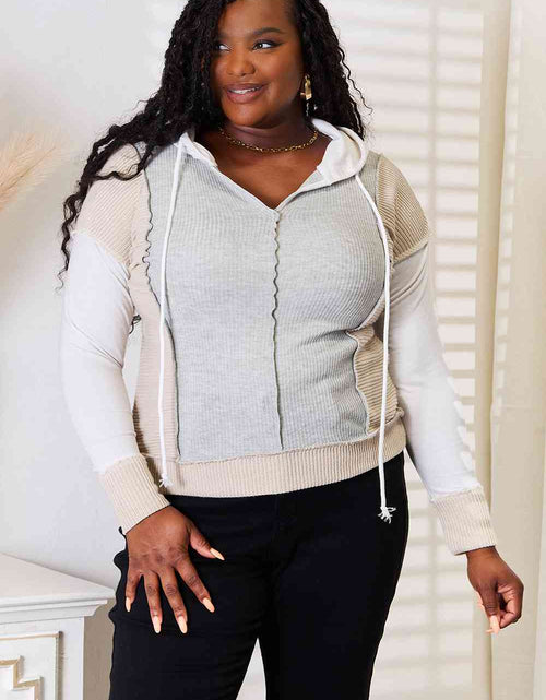 Load image into Gallery viewer, Double Take Color Block Exposed Seam Drawstring Hoodie
