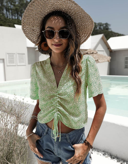 Load image into Gallery viewer, Floral Drawstring Deep V Cropped Blouse
