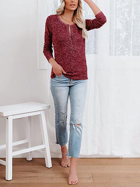 Load image into Gallery viewer, Round Neck Buttoned Long Sleeve T-Shirt
