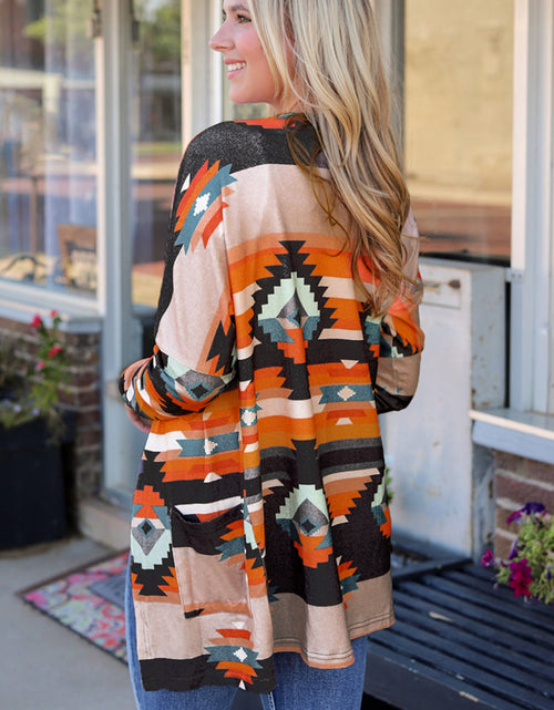 Load image into Gallery viewer, Geometric Open Front Long Sleeve Cardigan with Pockets
