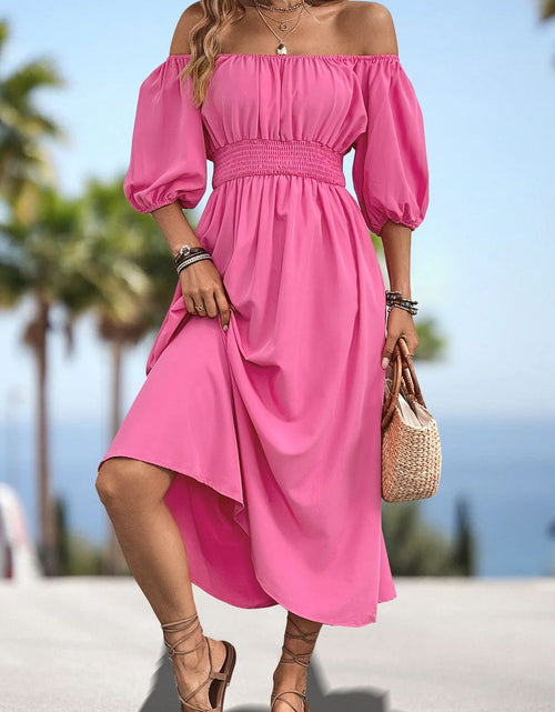 Load image into Gallery viewer, Square Neck Smocked Waist Puff Sleeve Midi Dress
