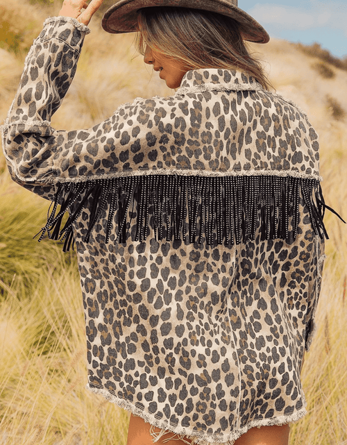 Load image into Gallery viewer, Leopard Fringe Detail Collared Neck Denim Jacket
