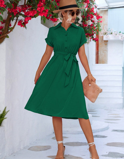 Load image into Gallery viewer, Buttoned Tie Waist Short Sleeve Dress
