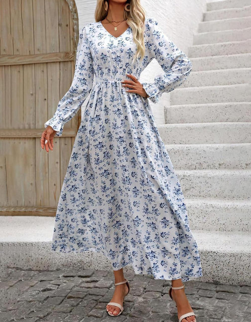 Load image into Gallery viewer, Smocked Printed V-Neck Flounce Sleeve Dress
