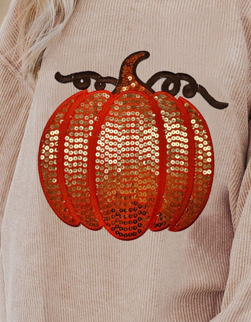 Load image into Gallery viewer, Sequin Pumpkin Round Neck Long Sleeve Sweatshirt
