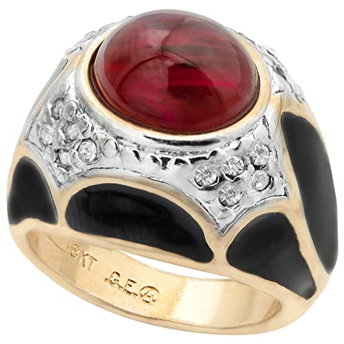 Load image into Gallery viewer, Vintage Ring 1980s Black Enamel Ring with Ruby Cabochon Stone Surrounded by Clear Crystals (6) by PVD Vintage Jewelry
