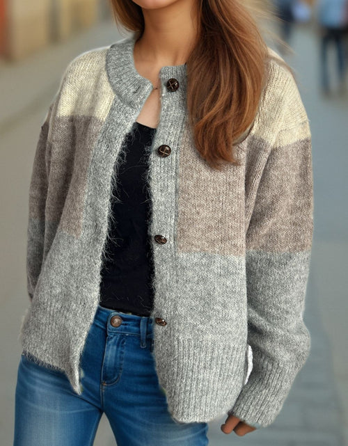 Load image into Gallery viewer, Color Block Round Neck Button Up Cardigan
