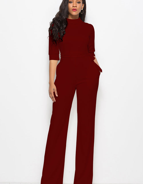 Load image into Gallery viewer, Mock Neck Tie-Waist Half Sleeve Jumpsuit
