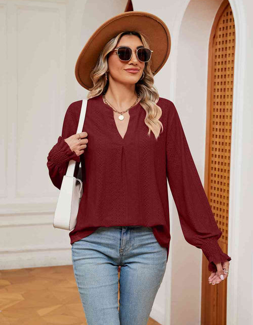 Load image into Gallery viewer, Notched Neck Flounce Sleeve Blouse
