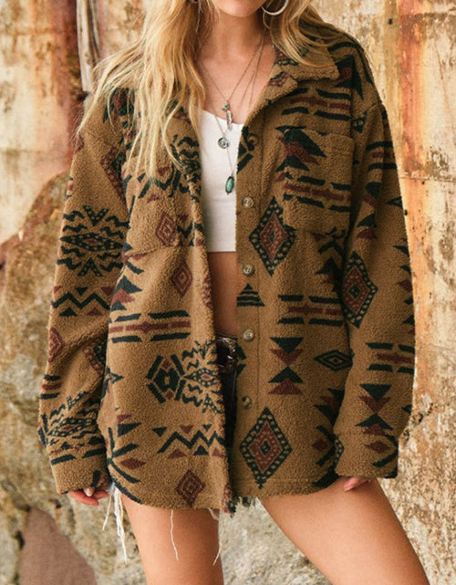 Load image into Gallery viewer, Geometric Button Up Long Sleeve Sherpa Jacket
