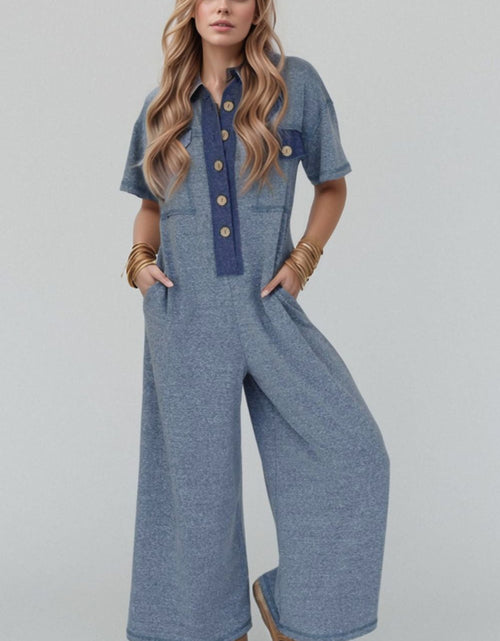 Load image into Gallery viewer, Placket Chest Pockets Short Sleeve Wide Leg Jumpsuit
