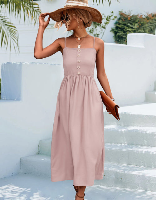 Load image into Gallery viewer, Decorative Button Spaghetti Strap Midi Dress
