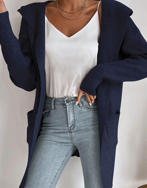 Load image into Gallery viewer, Perfee Ribbed Open Front Hooded Cardigan with Pockets
