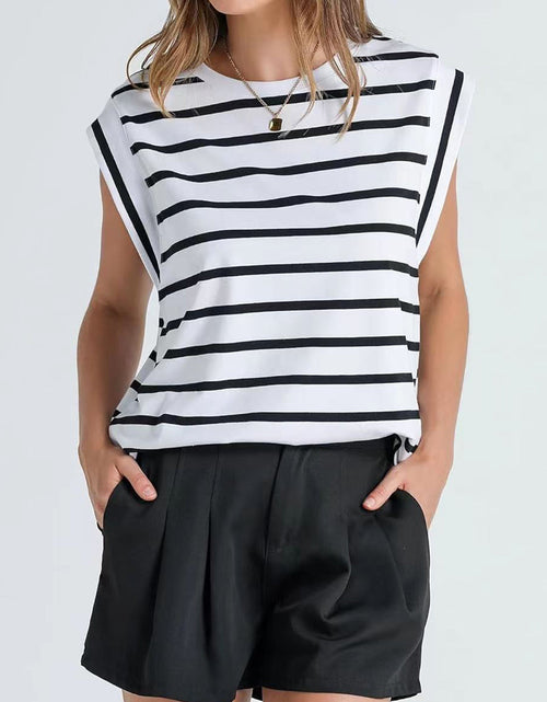 Load image into Gallery viewer, Striped Round Neck Cap Sleeve T-Shirt
