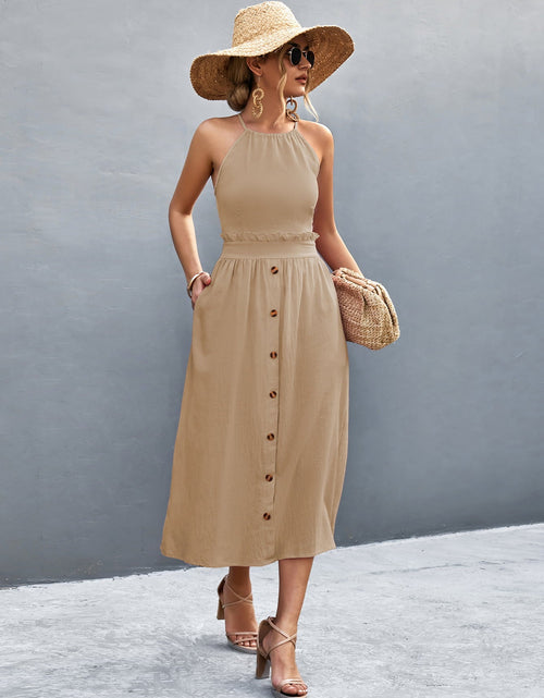 Load image into Gallery viewer, Buttoned Halter Neck Frill Trim Midi Dress
