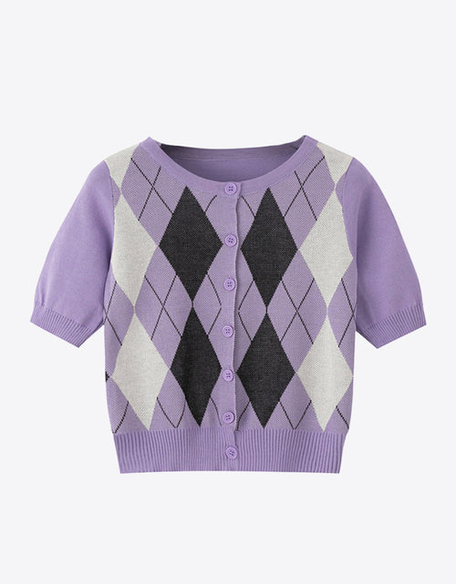 Load image into Gallery viewer, Argyle Round Neck Ribbed Trim Cardigan
