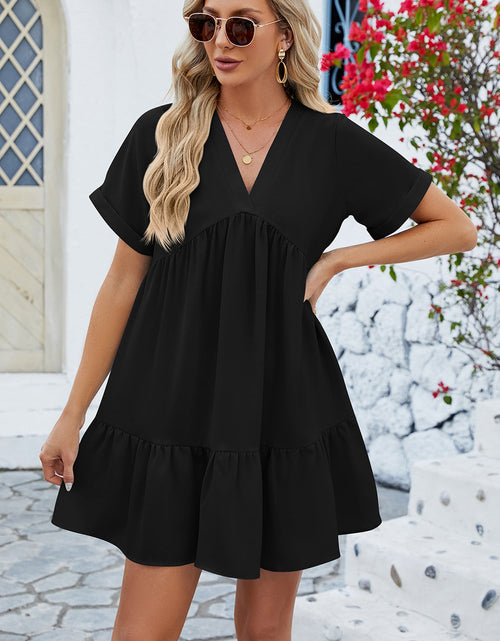 Load image into Gallery viewer, Ruched Tiered V-Neck Short Sleeve Mini Dress
