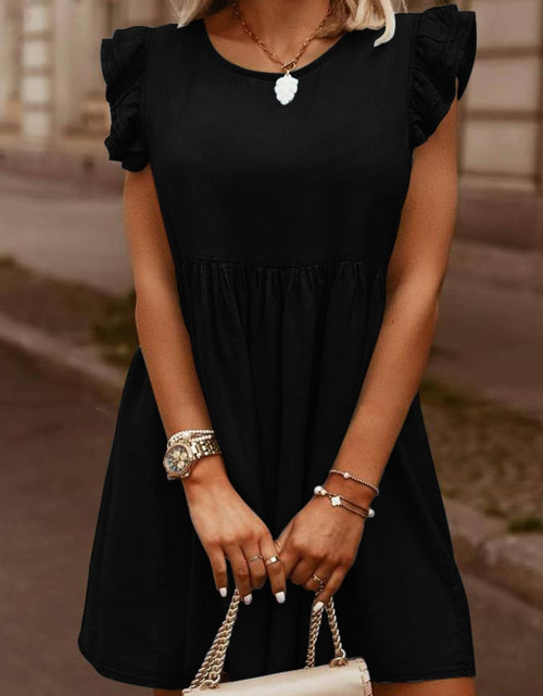 Load image into Gallery viewer, Full Size Ruffled Round Neck Cap Sleeve Denim Dress
