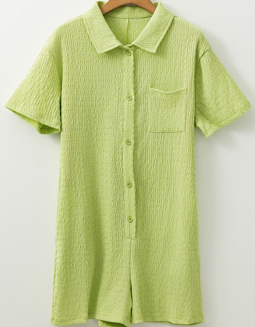 Load image into Gallery viewer, Textured Short Sleeve Patched Pocket Buttoned Romper
