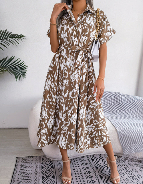 Load image into Gallery viewer, Printed Collared Neck Short Sleeve Tie Waist Dress
