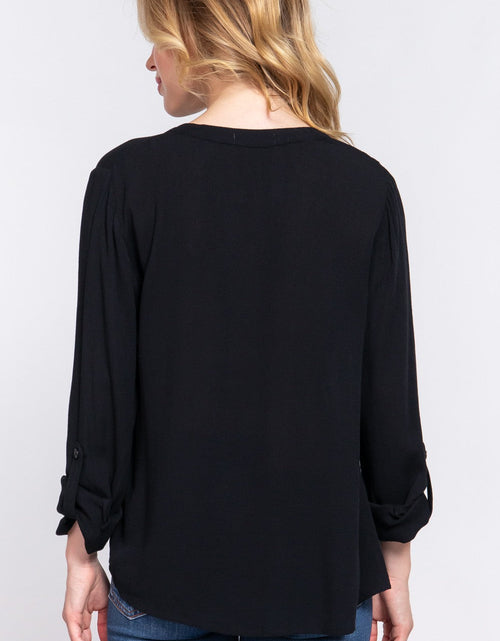 Load image into Gallery viewer, ACTIVE BASIC Full Size Notched Long Sleeve Woven Top
