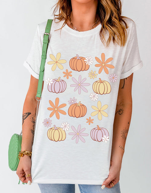 Load image into Gallery viewer, Pumpkin &amp; Flower Round Neck Short Sleeve T-Shirt
