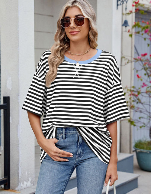 Load image into Gallery viewer, Contrast Striped Round Neck Half Sleeve T-Shirt
