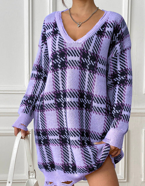 Load image into Gallery viewer, Plaid V-Neck Long Sleeve Sweater Dress
