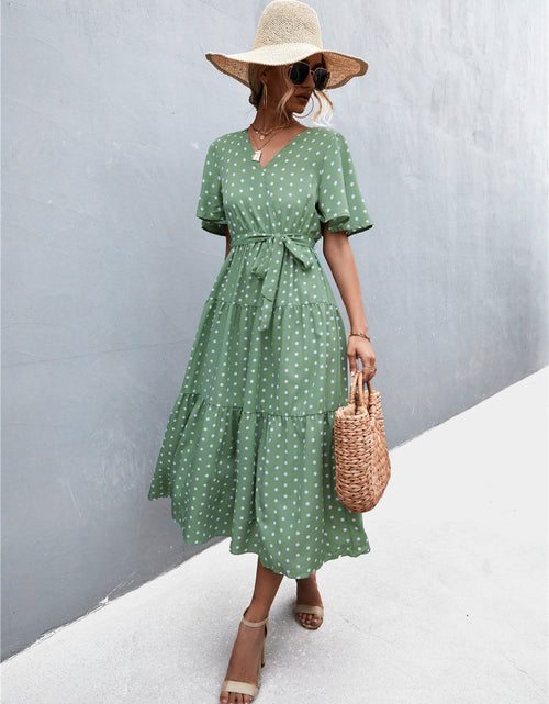Load image into Gallery viewer, Printed V-Neck Flutter Sleeve Belted Dress
