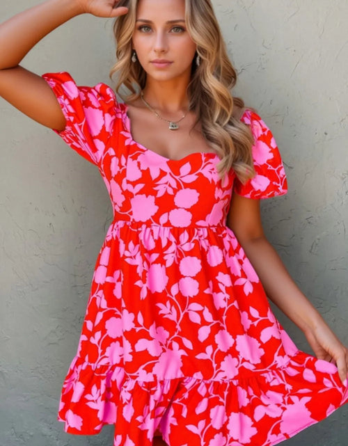 Load image into Gallery viewer, Floral Puff Sleeve Sweetheart Neck Ruffled Mini Dress
