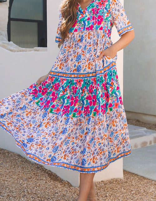 Load image into Gallery viewer, Mixed Floral Print Tie Neck Short Sleeve Dress
