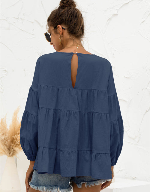 Load image into Gallery viewer, Round Neck Bubble Sleeve Tiered Blouse
