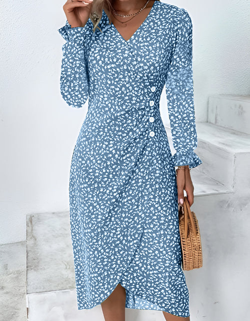 Load image into Gallery viewer, Full Size Printed Surplice Long Sleeve Midi Dress
