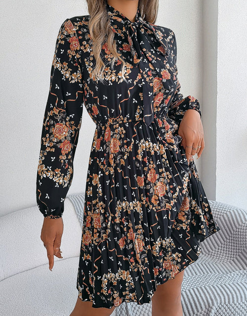 Load image into Gallery viewer, Pleated Printed Tie Neck Long Sleeve Dress
