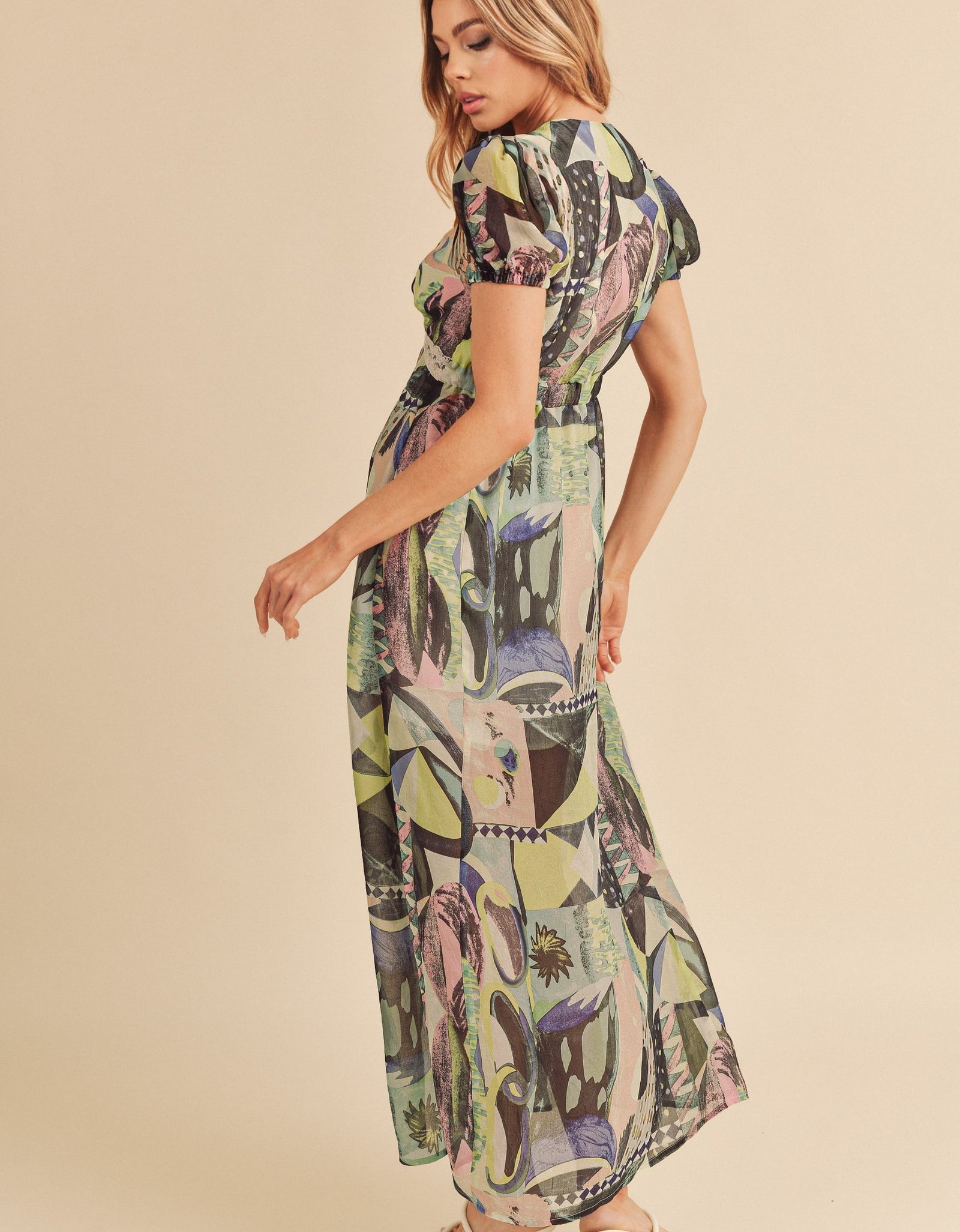 Aemi + Co Lace Detail Slit Geometric Print Short Sleeve Maxi Dress