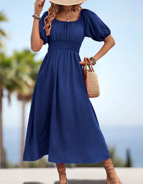 Load image into Gallery viewer, Square Neck Smocked Waist Puff Sleeve Midi Dress
