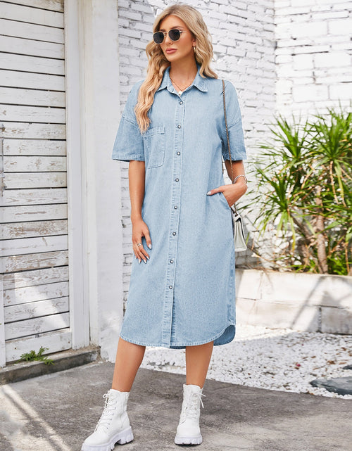 Load image into Gallery viewer, Button Up Dropped Shoulder Denim Dress by BlakWardrob
