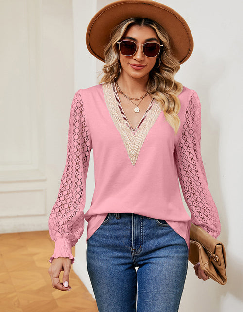 Load image into Gallery viewer, Contrast V-Neck Long Sleeve Blouse
