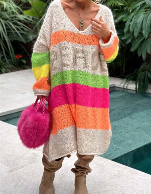 Load image into Gallery viewer, Color Block V-Neck Long Sleeve Sweater Dress
