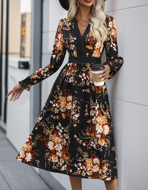 Load image into Gallery viewer, Perfee Printed Notched Long Sleeve Midi Dress
