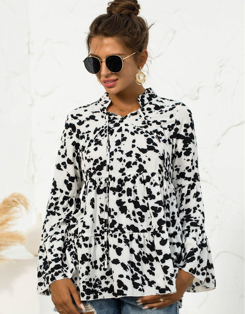 Load image into Gallery viewer, Printed Flare Sleeve Tie Neck Ruffle Trim Blouse
