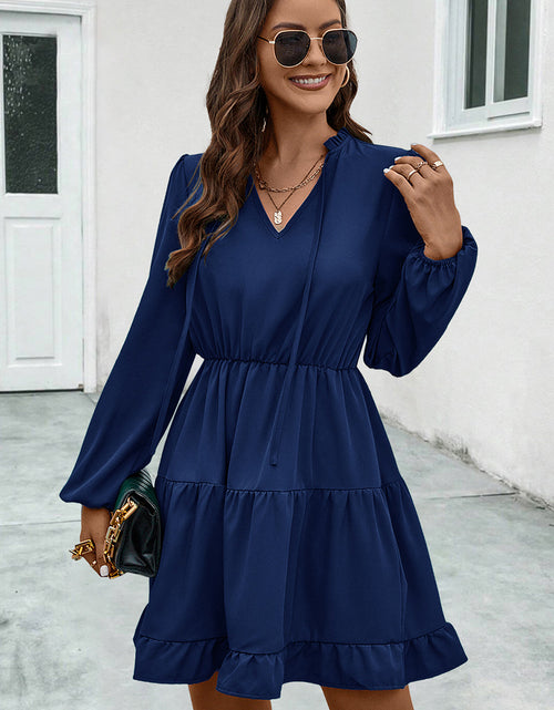 Load image into Gallery viewer, V-Neck Tie Neck Long Sleeve Dress
