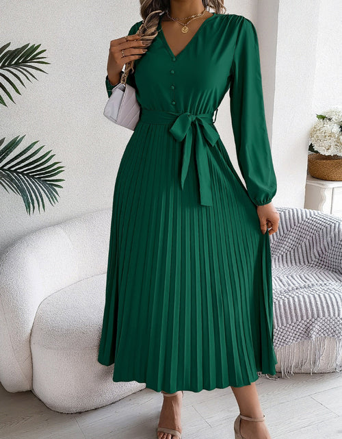 Load image into Gallery viewer, Pleated Tied V-Neck Long Sleeve Dress
