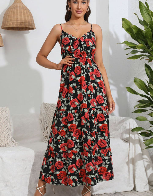 Load image into Gallery viewer, Rose Print Spaghetti Strap Sweetheart Neck Dress
