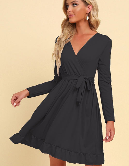 Load image into Gallery viewer, Long Sleeve Tie Waist Ruffle Hem Dress

