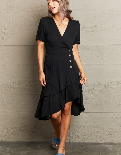 Load image into Gallery viewer, Perfee Decorative Button Surplice Ruffle Hem Dress
