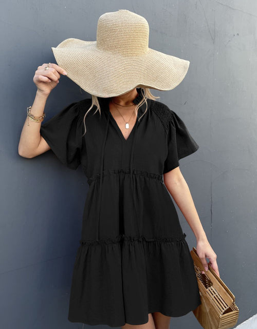 Load image into Gallery viewer, Frill Trim Smocked Tie Neck Dress
