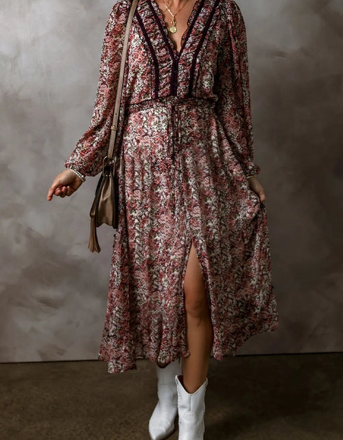 Load image into Gallery viewer, Frill Printed V-Neck Long Sleeve Midi Dress
