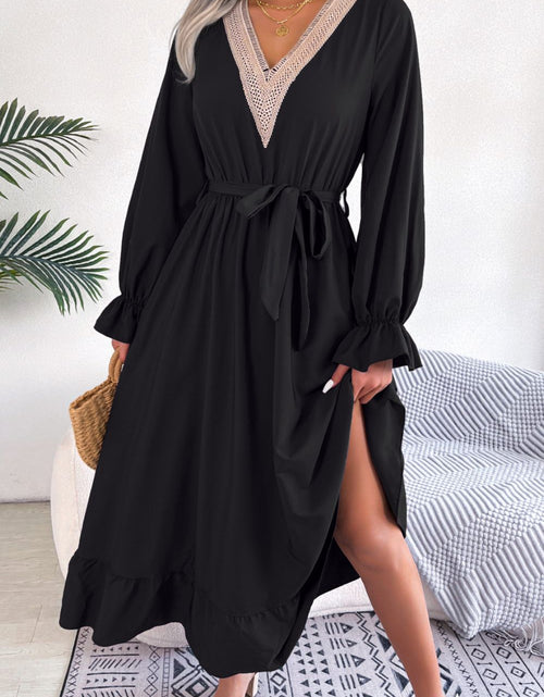 Load image into Gallery viewer, Contrast Belted Flounce Sleeve Dress
