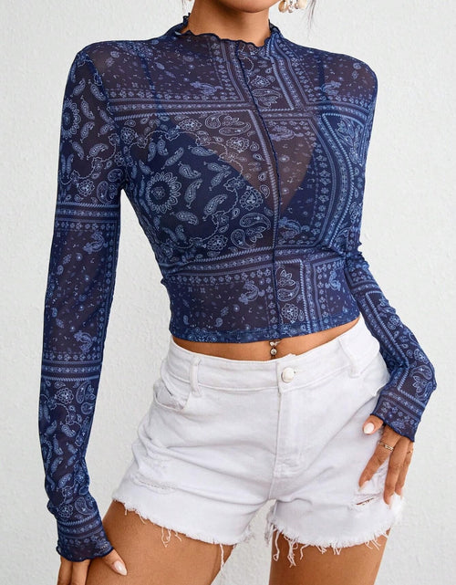 Load image into Gallery viewer, Paisley Mock Neck Long Sleeve Sheer Top
